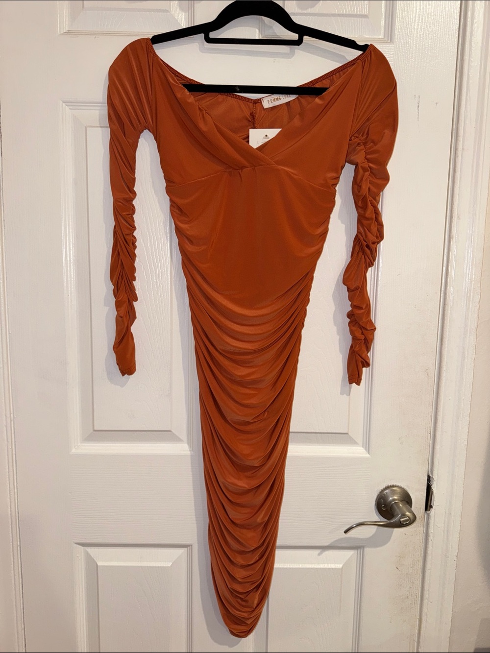 Ruched Long Sleeve Bodycon Dress in Rust Orange